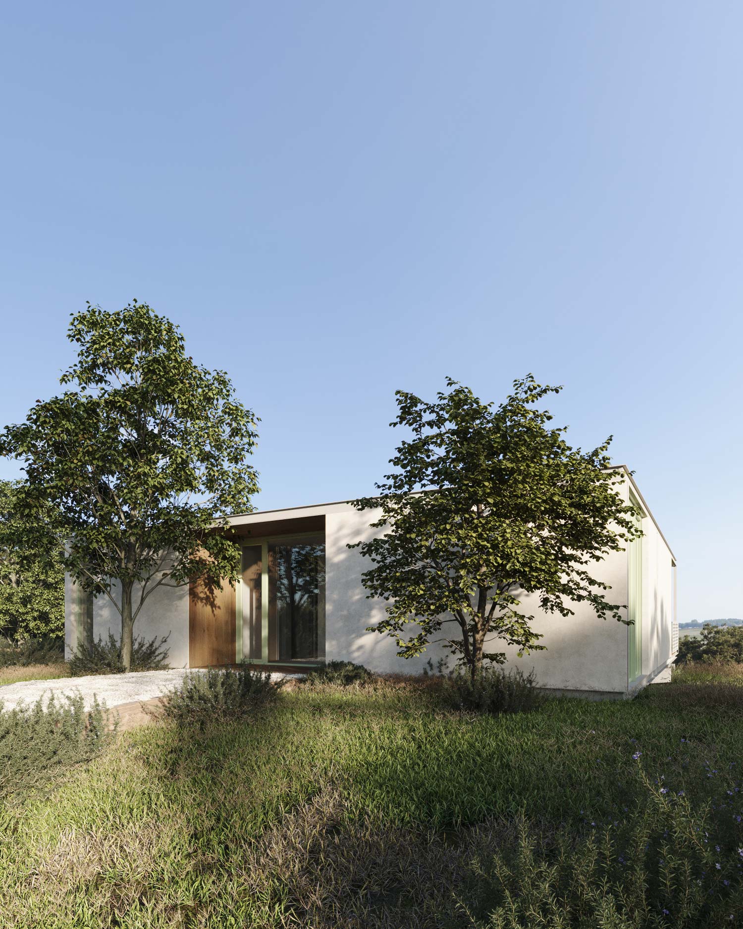 A TU L modular home with wood facade and pool