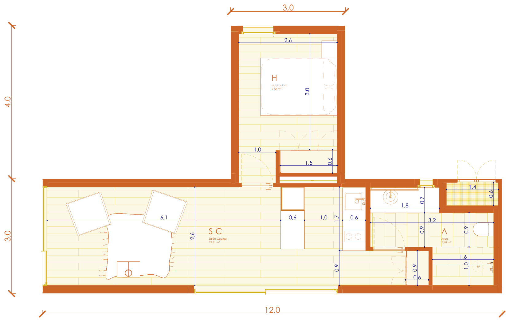 Dimensioned floor plan of TUL01: L-plan living-kitchen of 22.81 m², bedroom of 9.58 m² and bathroom of 5.68 m²
