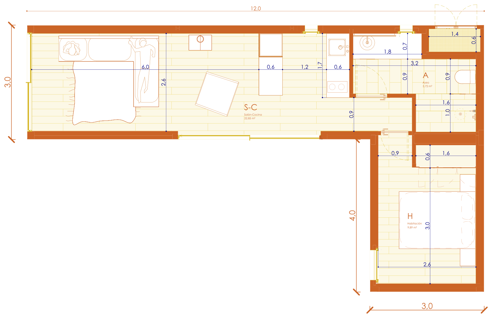 Dimensioned floor plan of TUL02: L-plan living-kitchen of 22.85 m² with wood stove, bedroom of 9.89 m² and bathroom of 5.72 m²