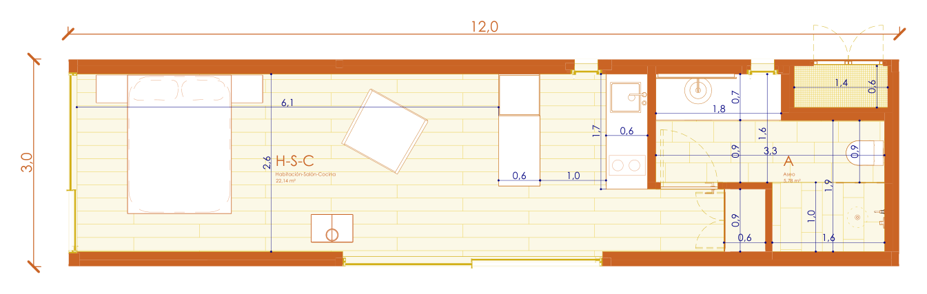 Dimensioned floor plan of TUM01: open-plan bedroom–living–kitchen of 22.14 m² and bathroom of 5.78 m²