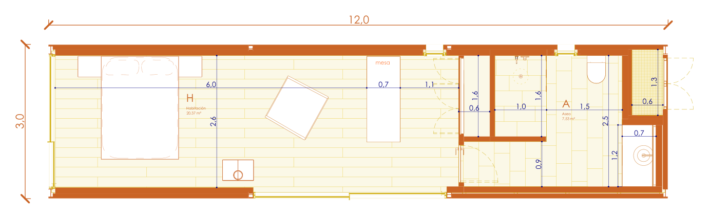 Dimensioned floor plan of TUM02: bedroom of 20.37 m² and bathroom of 7.53 m²