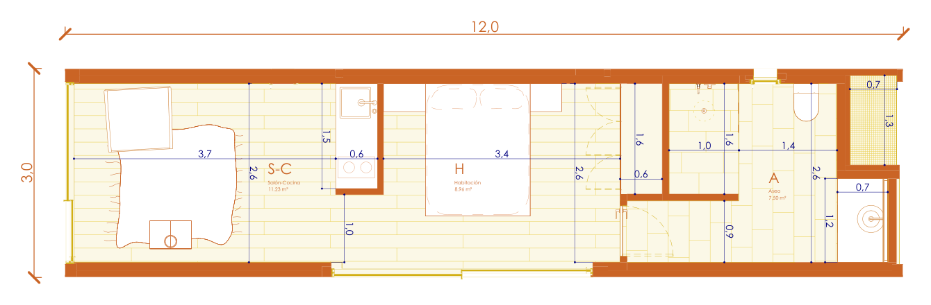 Dimensioned floor plan of TUM03: living-kitchen of 11.23 m², separate bedroom of 8.96 m² and bathroom of 7.50 m²