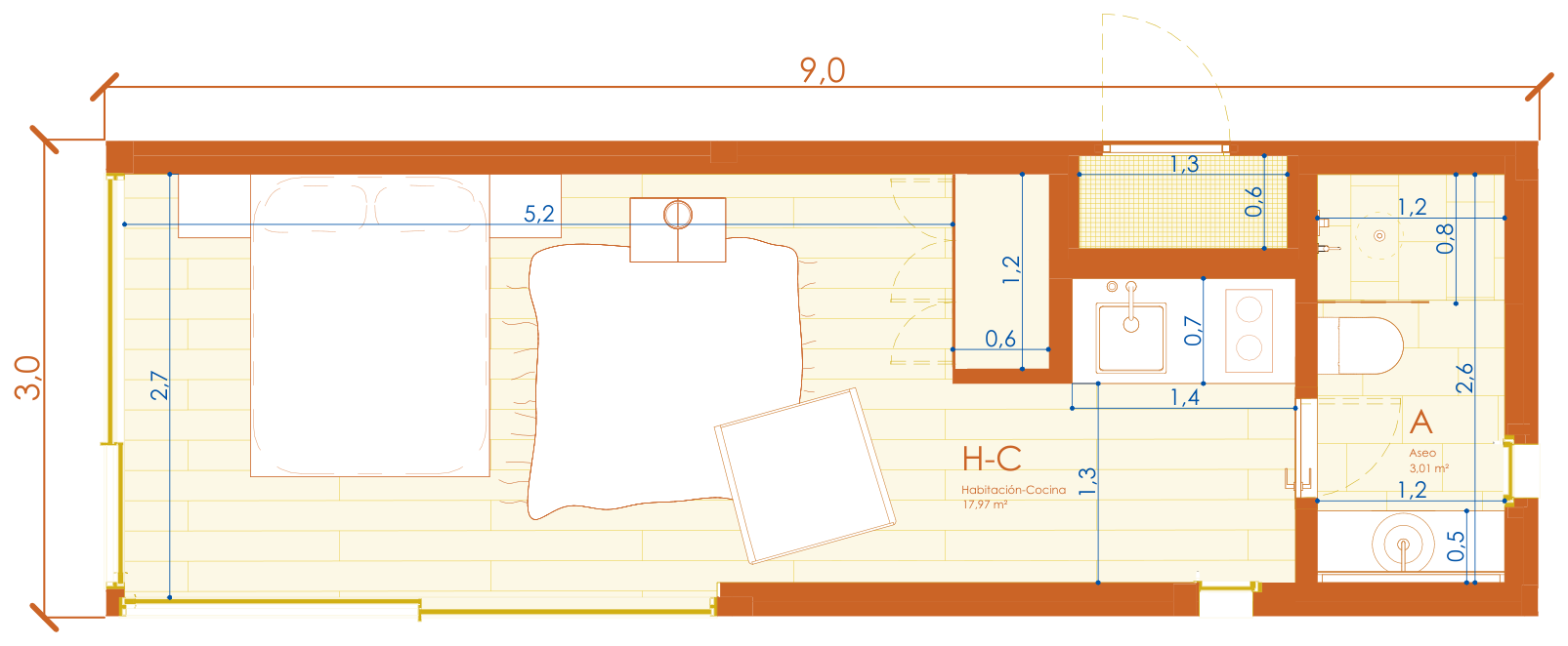 Dimensioned floor plan of the TU S: bedroom–living–kitchen of 17.97 m² and bathroom of 3.01 m²