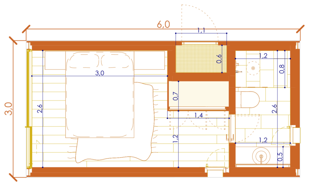Dimensioned floor plan of TUXS01: bedroom of 7.94 m² and bathroom of 3.27 m²