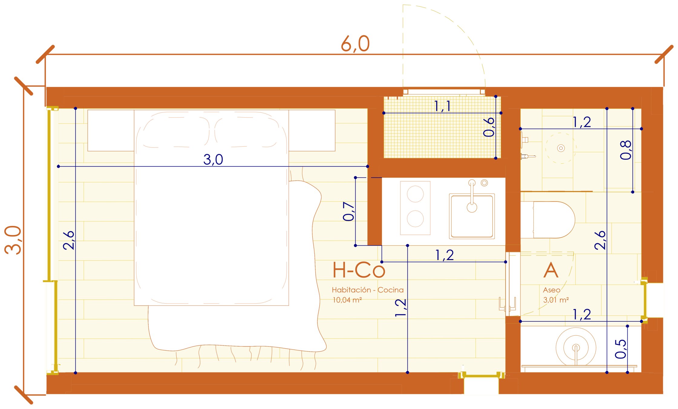 Dimensioned floor plan of TUXS02: room-with-kitchen of 10.04 m² and bathroom of 3.01 m²